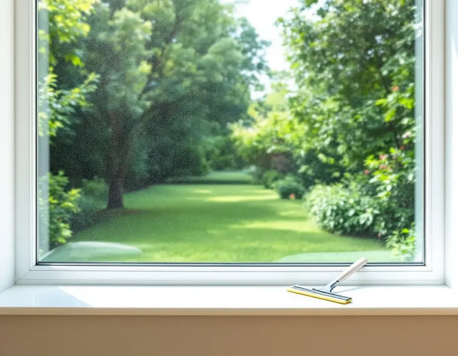 Streifenfrei sauberes Fenster mit Blick in einen grünen Garten