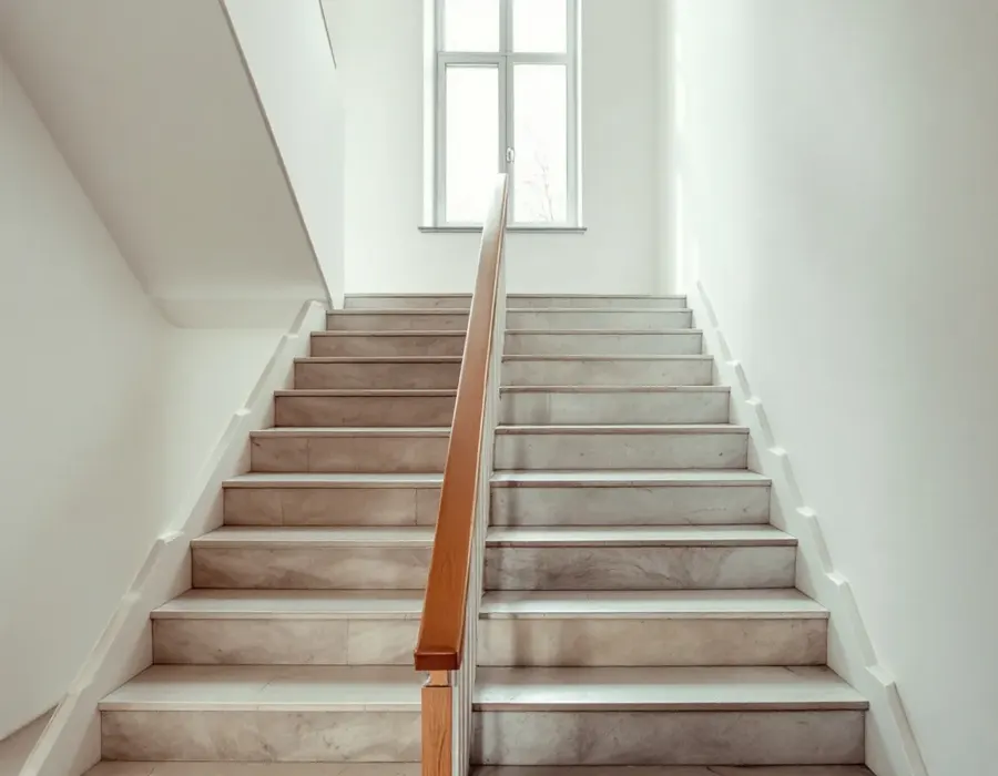 Sauberes, helles Treppenhaus mit Holzhandlauf